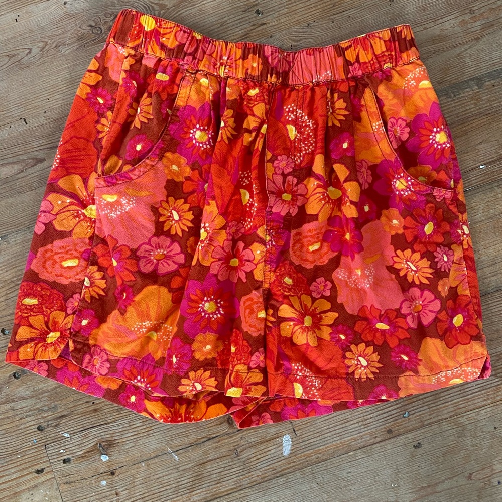 Free People Red and Orange Bermuda Shorts with Floral Design